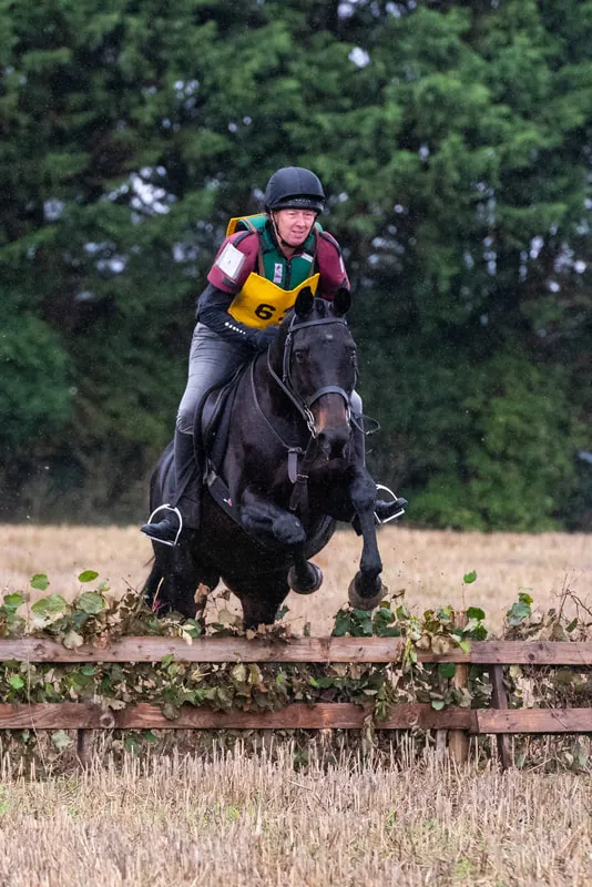 A rider jumping a dark horse over a cross country fence